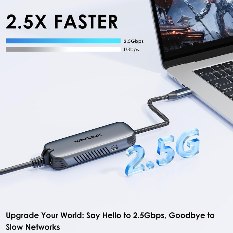 WAVLINK USB C to Ethernet Adapter 2.5Gbps with 95W PD, 2500Mbps USB-C to RJ45 Network Converter (USB4, Thunderbolt 3/4/5 Compatible), Aluminum Case for Windows, Mac OS, iPad OS and More. - Image 5